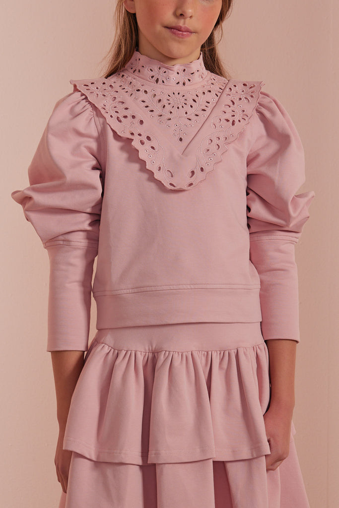 PETITE AMALIE "Petite Pink" Cut Out Embroidered Sweatshirt Top in Misty Rose