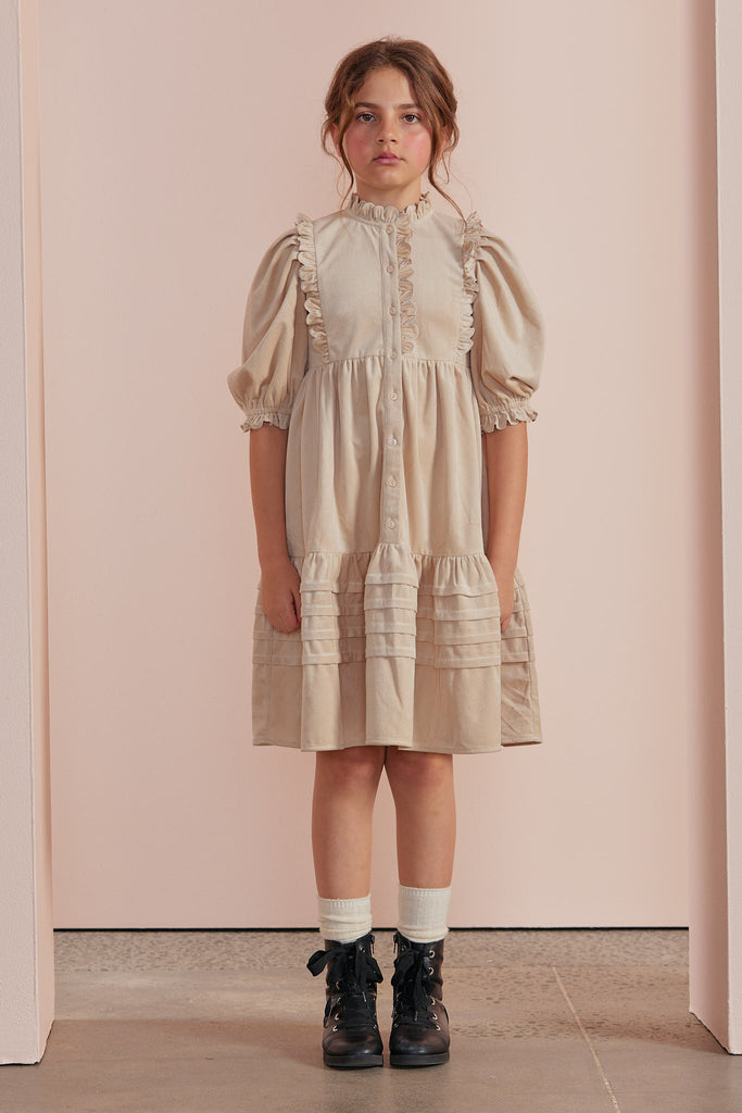 PETITE AMALIE "Petite Pink" Corduroy Midi Scallop Dress in Winter Snow