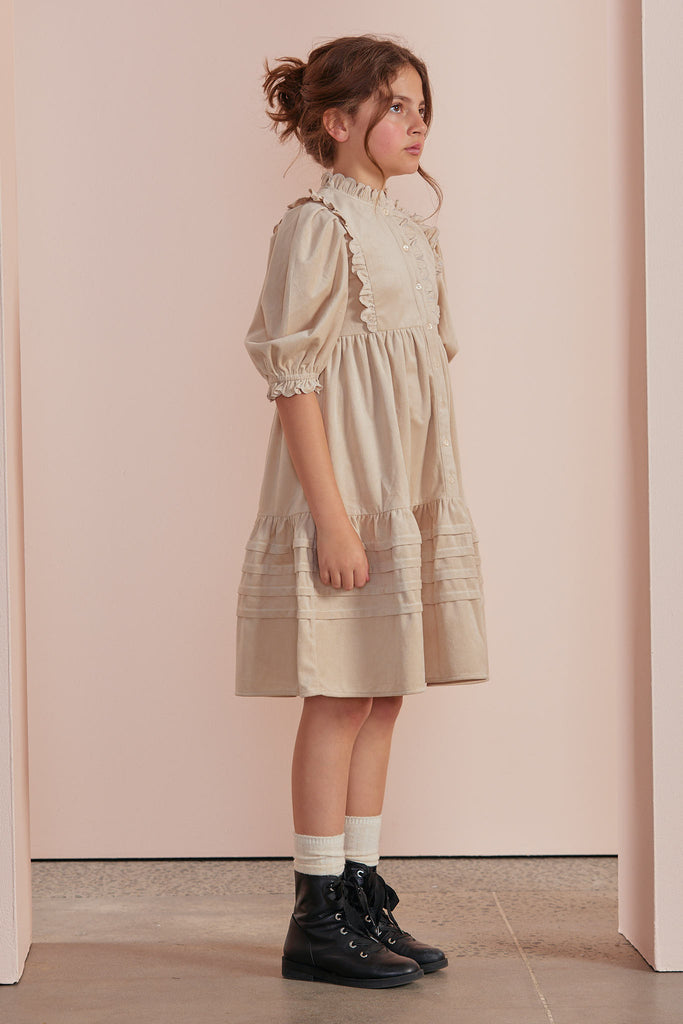 PETITE AMALIE "Petite Pink" Corduroy Midi Scallop Dress in Winter Snow