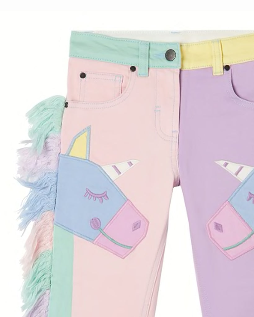 STELLA MCCARTNEY KIDS Girl Unicorn Patches Denim Pants Jeans with Fringes