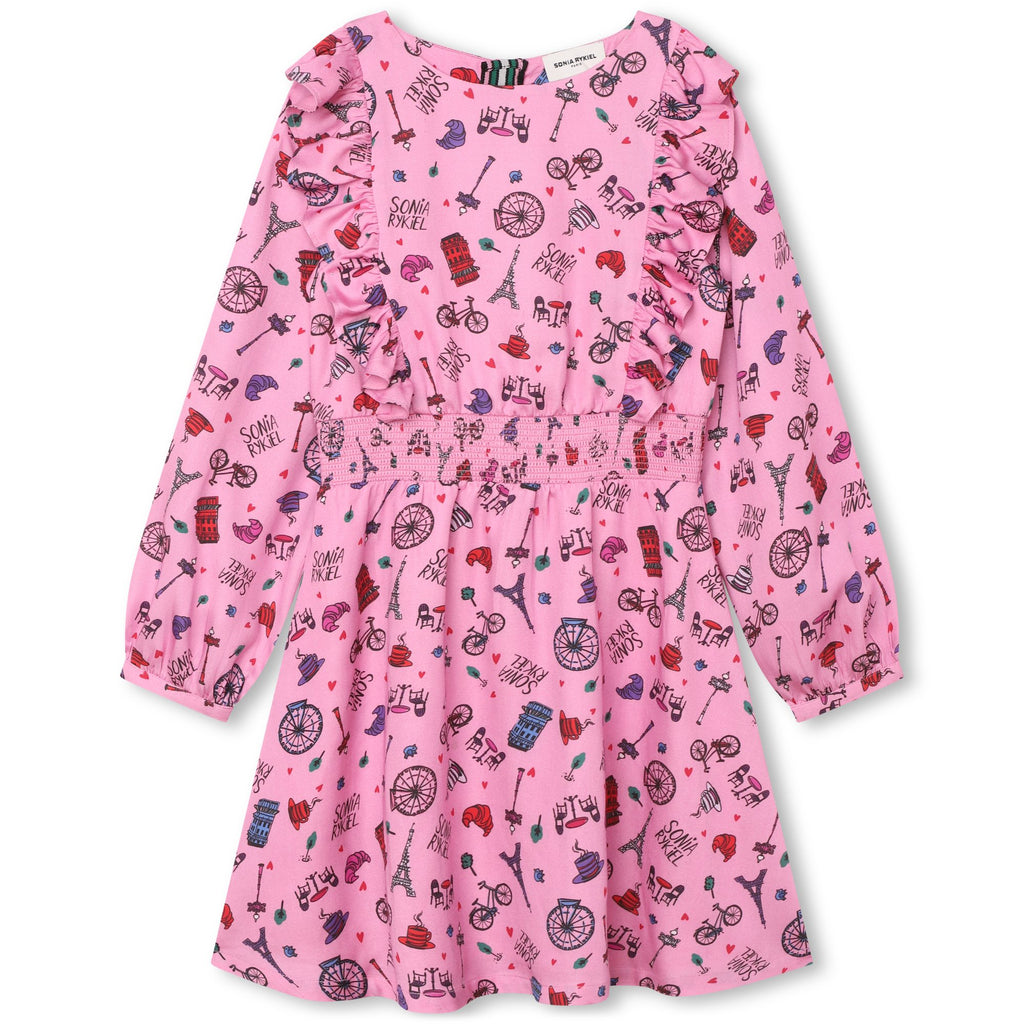 SONIA RYKIEL ENFANT FW23 Paris Pattern Pink Long Sleeve Dress