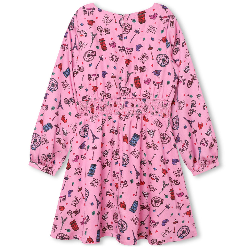 SONIA RYKIEL ENFANT FW23 Paris Pattern Pink Long Sleeve Dress