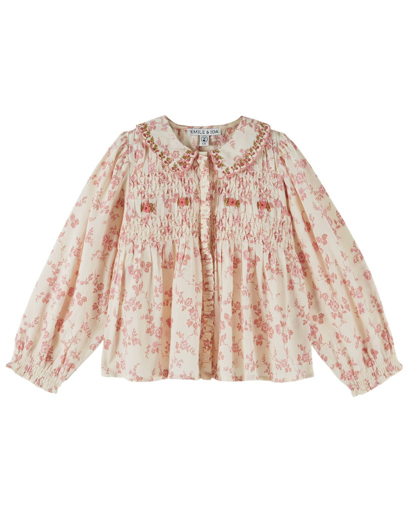 EMILE ET IDA FW26 ECRU FLORAL SMOCKED BLOUSE TOP