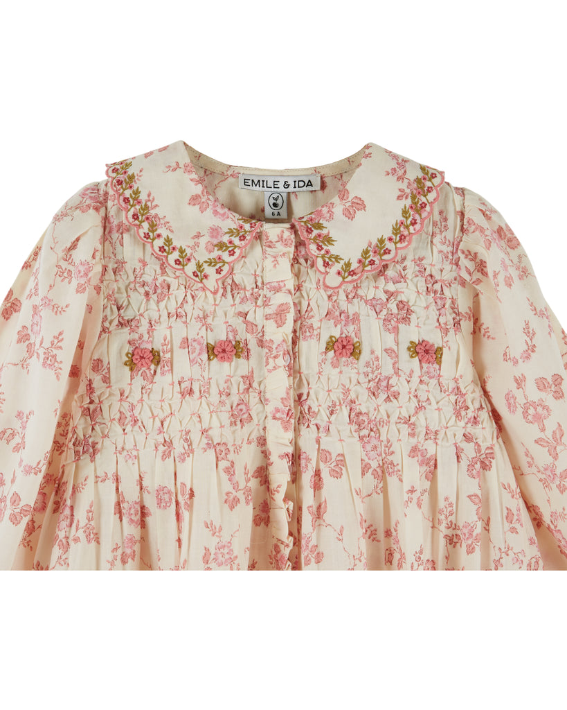 EMILE ET IDA FW26 ECRU AND ROSES SMOCKED DRESS