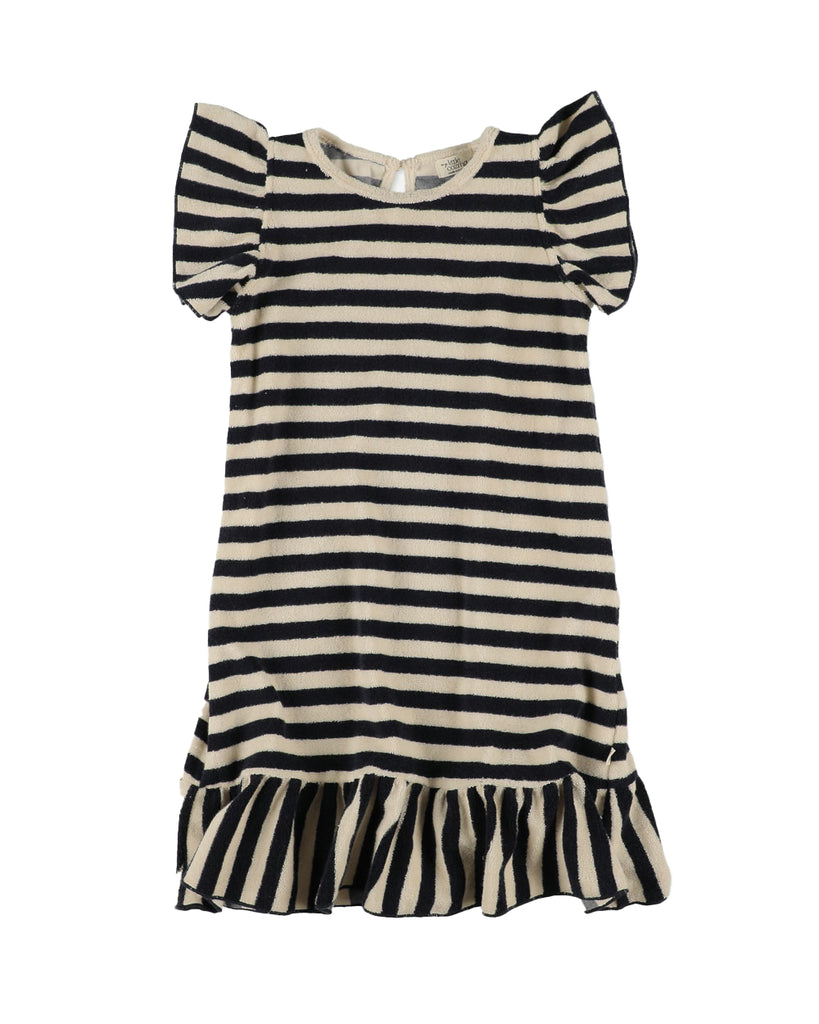 MY LITTLE COZMO "Les Tresors Marines" Organic Toweling Terry Stripes Dress in Navy