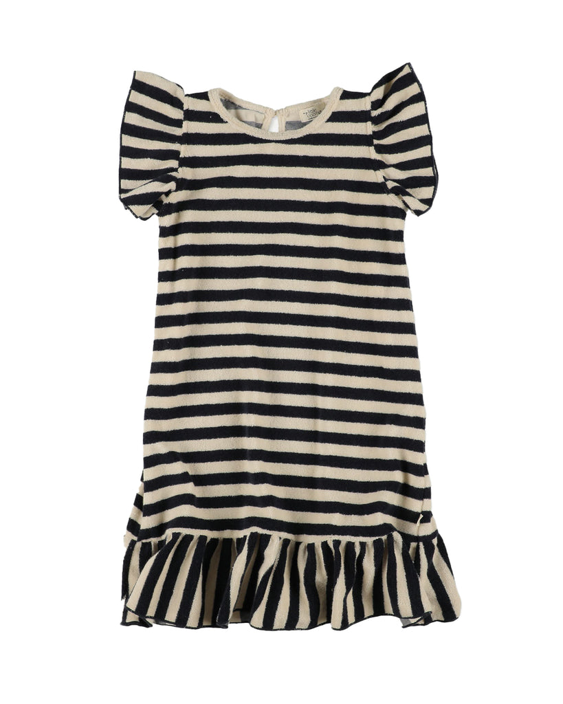 MY LITTLE COZMO "Les Tresors Marines" Organic Toweling Terry Stripes Dress in Black