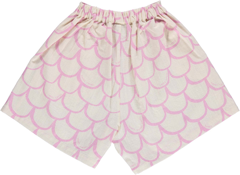BEAU LOVES  "Open Swimming" Pink Lavender Scales Pleated Shorts