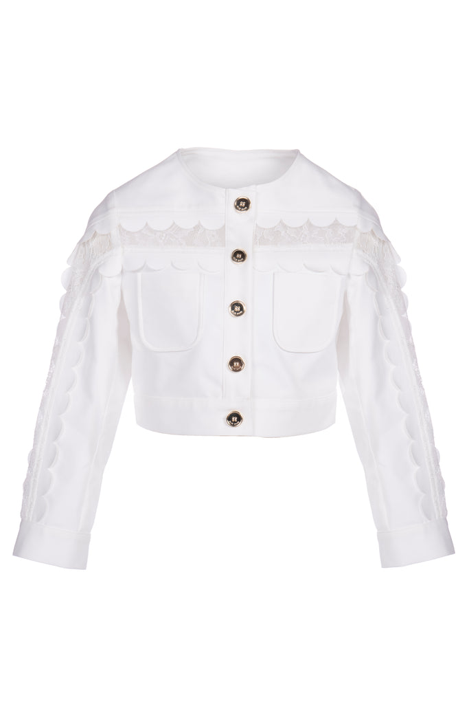 ELIE SAAB Scalloped Detail Top Bomber Jacket Top in Cream