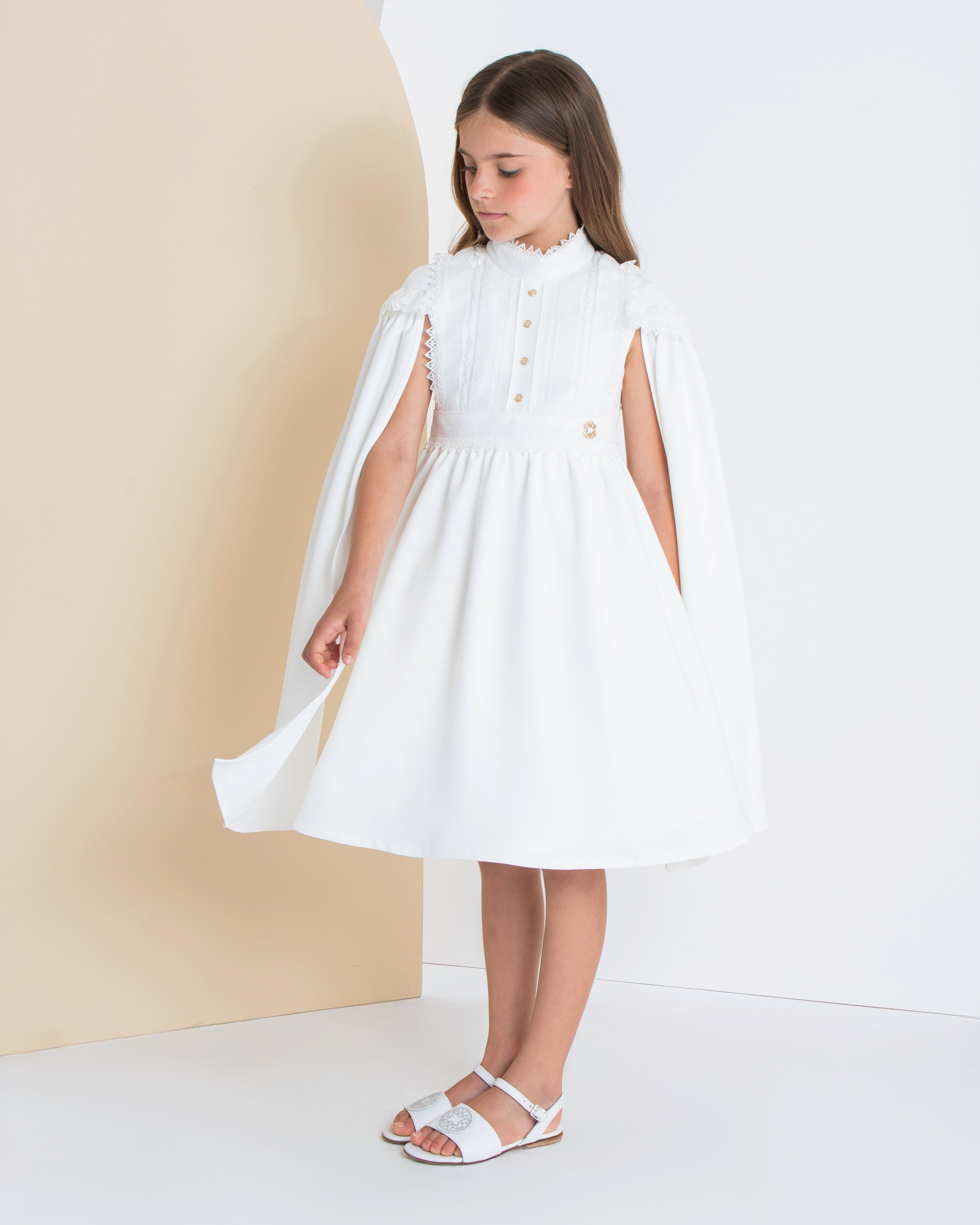 ELIE SAAB Spring Summer 2026 CREPE DRESS WITH REMOVABLE CAPE SLEEVES in CREAM 14y / CREAM
