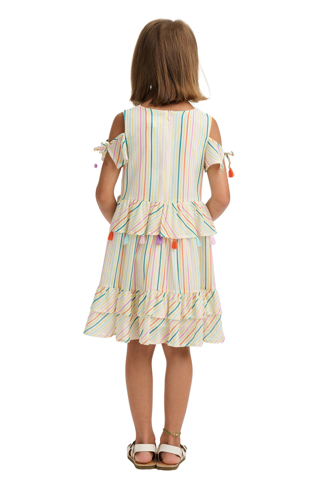 NICOLE MILLER GIRLS SS24 Cold Shoulder Striped Dress