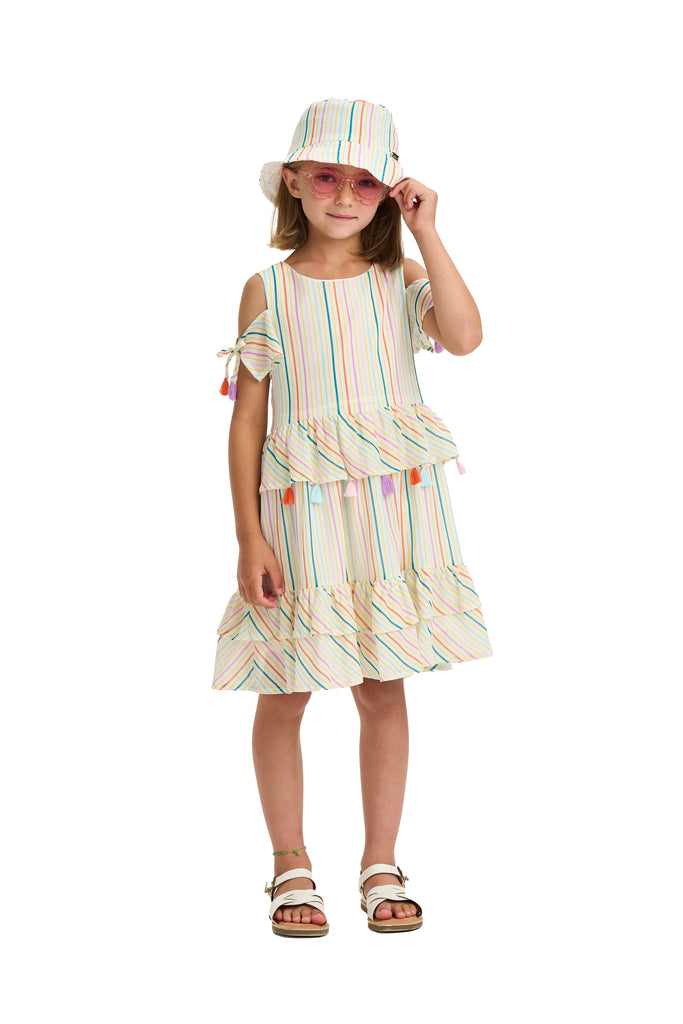 NICOLE MILLER GIRLS SS24 Cold Shoulder Striped Dress