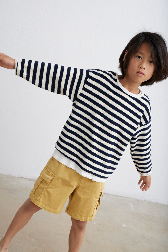 MY LITTLE COZMO "Les Tresors Marines" Organic Toweling Terry Stripes Sweatshirt in Navy