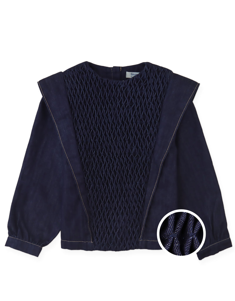 GINGERSNAPS FALL 2026 GLERIDA DENIM DIAMOND SMOCKED BLOUSE
