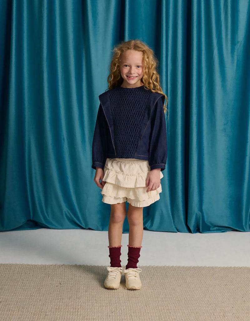 GINGERSNAPS FALL 2026 GLERIDA DENIM DIAMOND SMOCKED BLOUSE