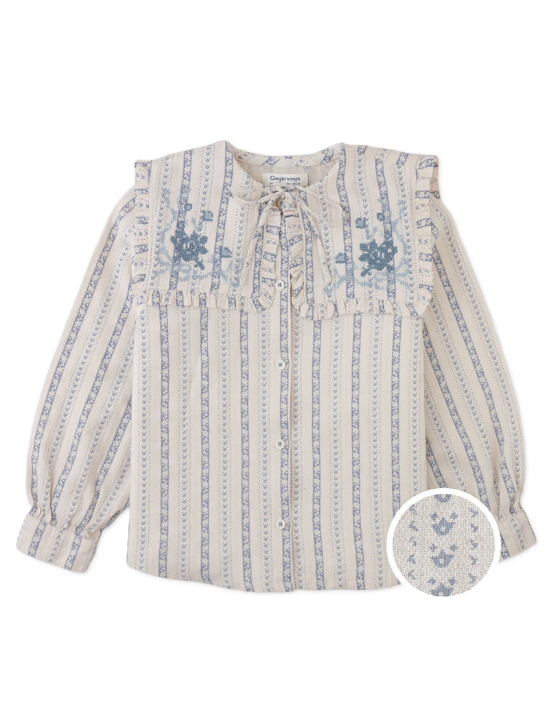 GINGERSNAPS FALL 2026 ESMERALDA BLOUSE WITH EMBROIDERY AND RUFFLE DETAIL