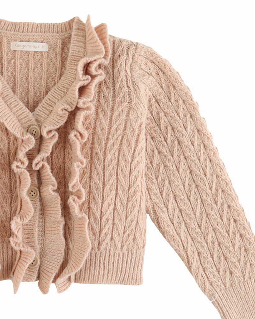 GINGERSNAPS Cable Knit Cardigan Sweater with Double Front Ruffle