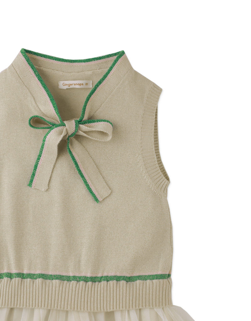 GINGERSNAPS SS26 Clara Sleeveless Top Beige Dress With Neck Ties & Pleated Skirt