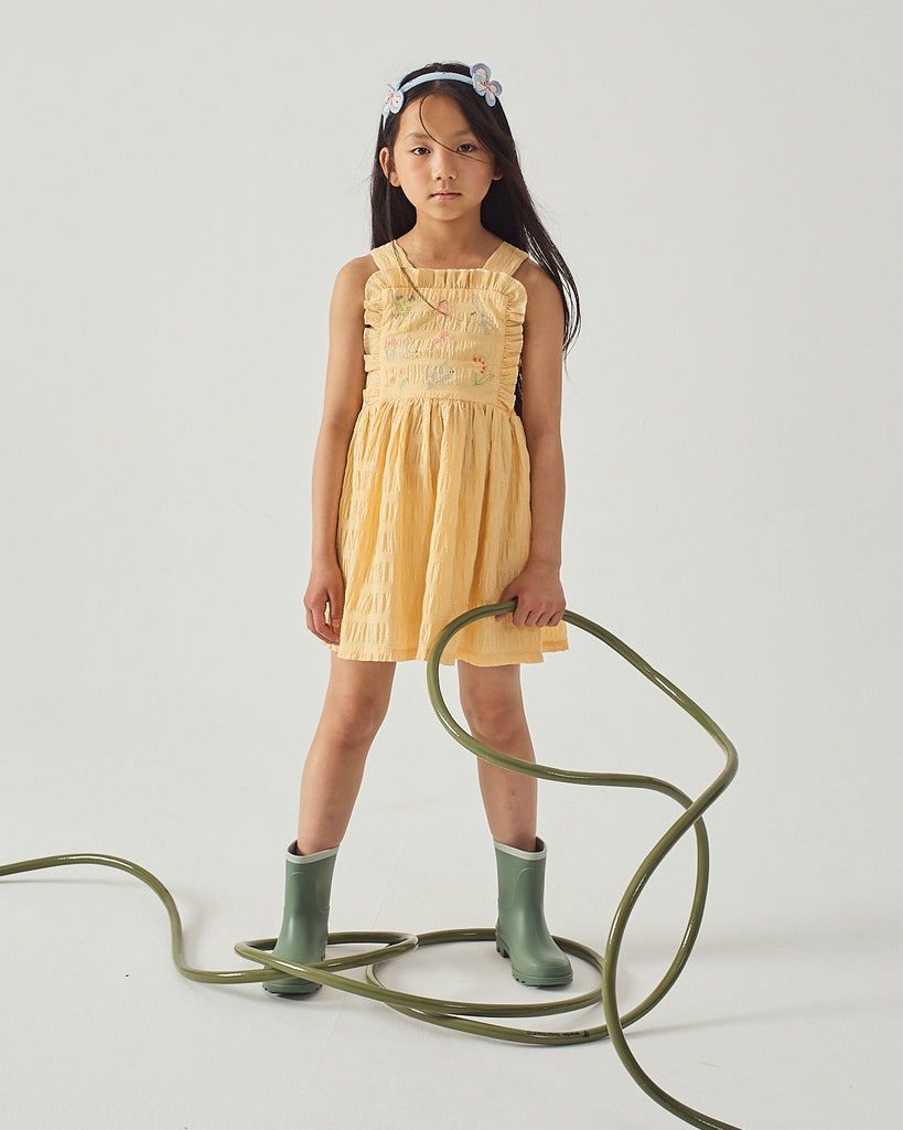 GINGERSNAPS SS26 Emily Ruffled Apron Dress with Botanical Embroidery