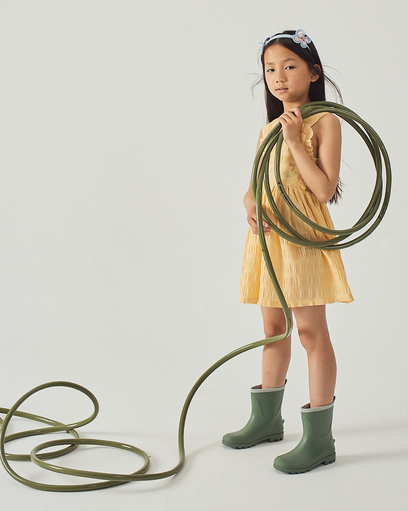 GINGERSNAPS SS26 Emily Ruffled Apron Dress with Botanical Embroidery