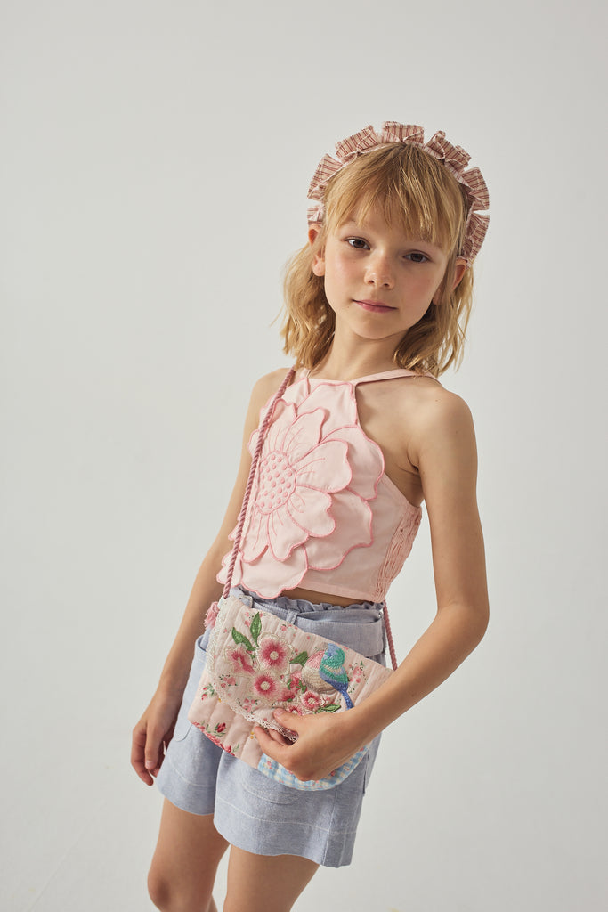 GINGERSNAPS SS26 Eloise Halter Top with Large Flower Appliqué & Contrast Stitching