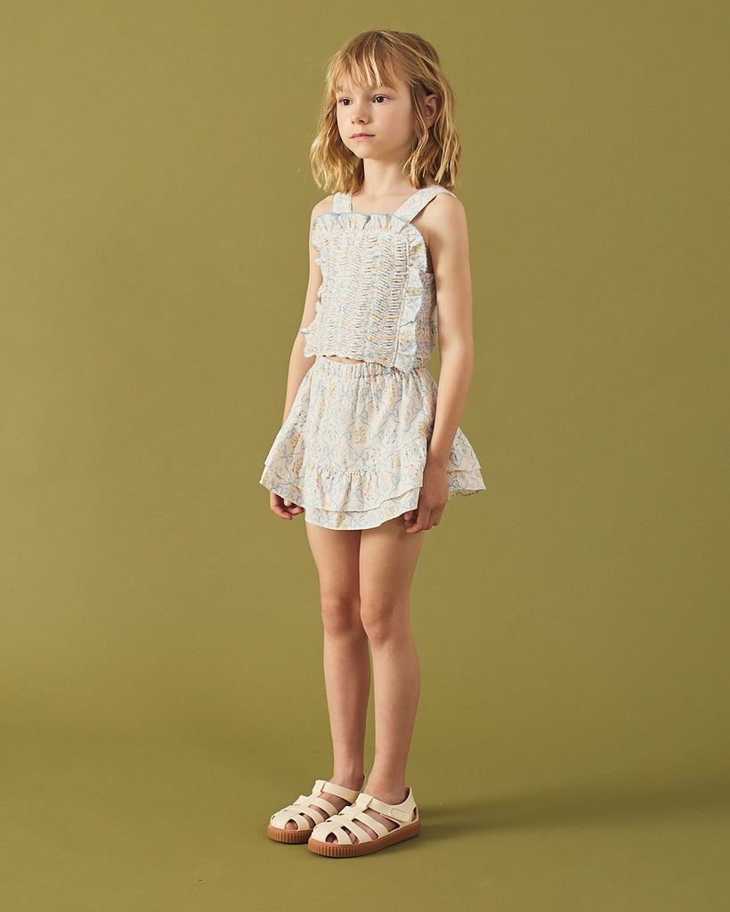 GINGERSNAPS SS26 Martina Trellis Print Smocked Top with Wide Straps & Ruffles