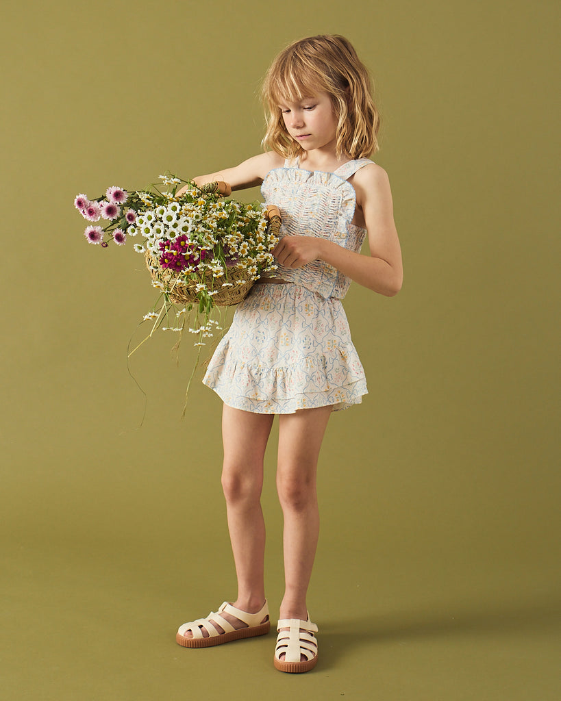 GINGERSNAPS SS26 Martina Trellis Print Smocked Top with Wide Straps & Ruffles