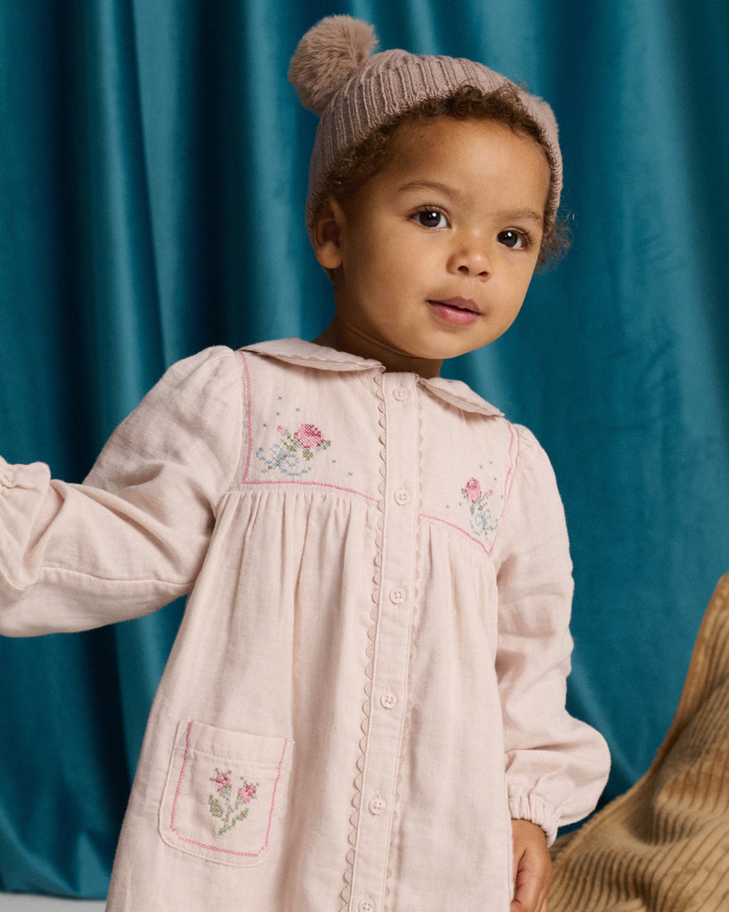 GINGERSNAPS FALL 2026 BABY LOTTIE BUTTON DOWN DRESS WITH CROSS STITCH
