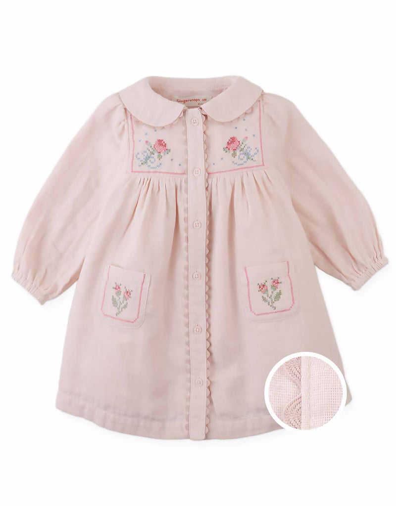 GINGERSNAPS FALL 2026 BABY LOTTIE BUTTON DOWN DRESS WITH CROSS STITCH