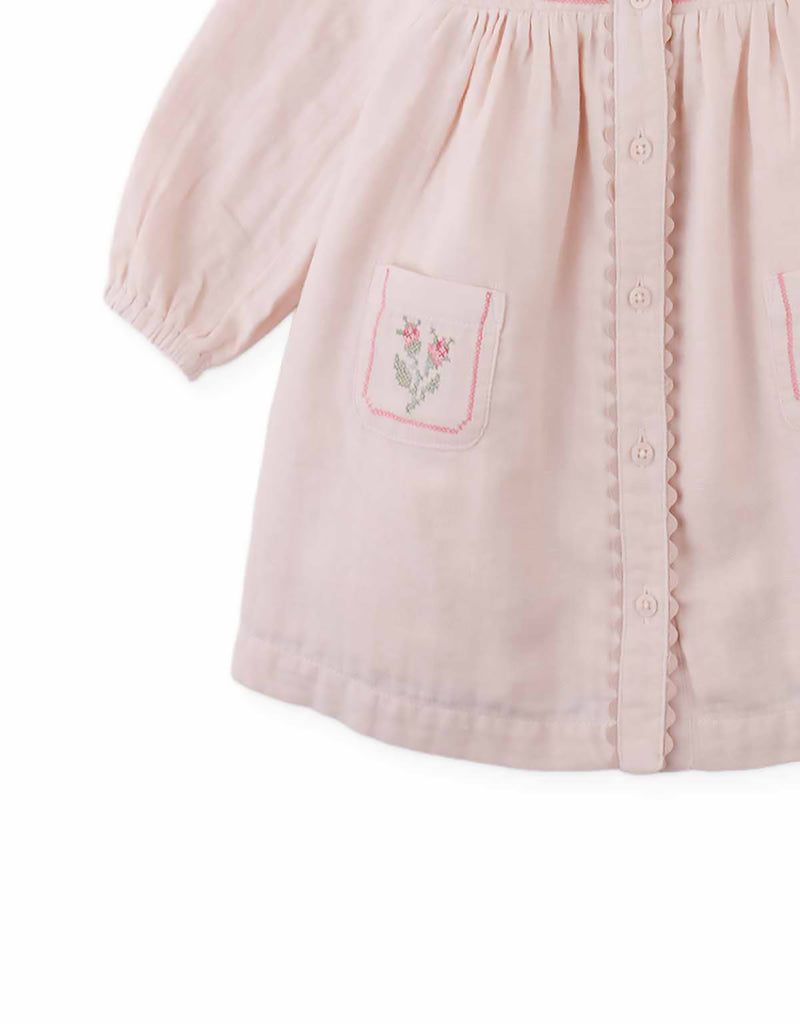 GINGERSNAPS FALL 2026 BABY LOTTIE BUTTON DOWN DRESS WITH CROSS STITCH
