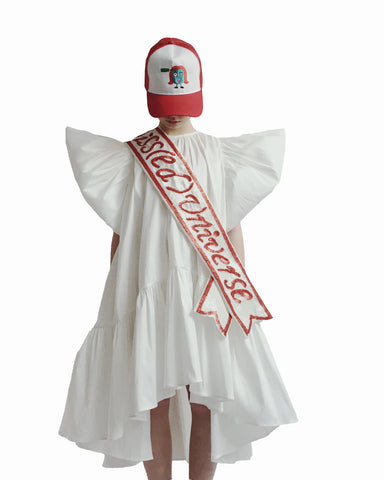 CAROLINE BOSMANS "Miss(ed) Universe" Long Sleeve Dress with Front Ruffle in White