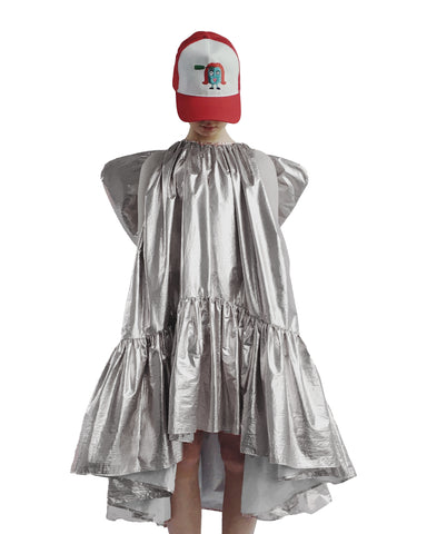 CAROLINE BOSMANS "Miss(ed) Universe" Short Sleeve Dress with Front Ruffle in Silver (bag sold separately)