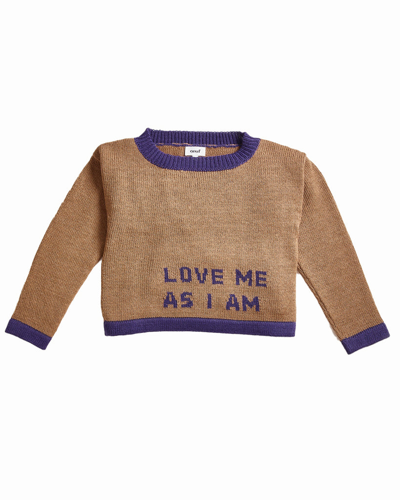 OEUF "Handle With Care" Intarsia Text Sweater in Camel