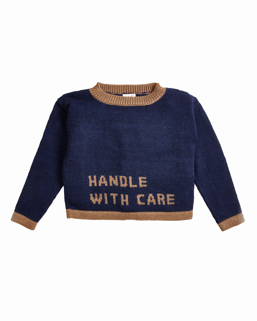 OEUF "Handle With Care" Intarsia Text Sweater in Indigo