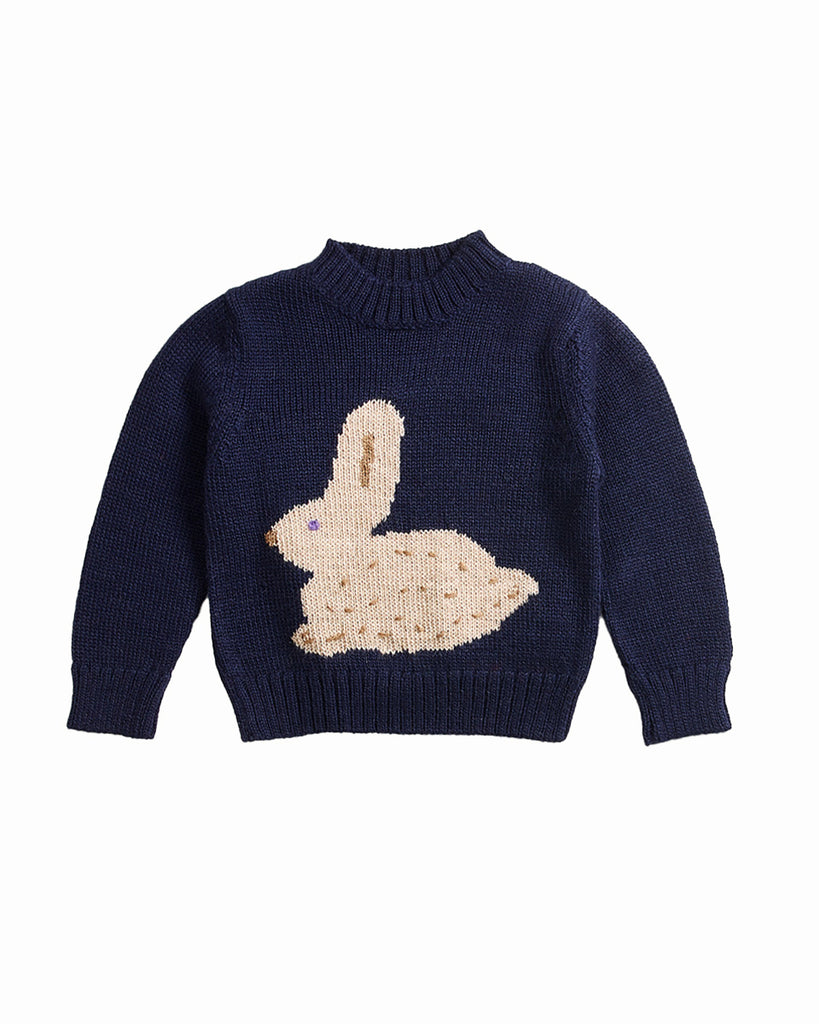 OEUF "Handle With Care" Bunny Motif Intarsia Sweater in Indigo