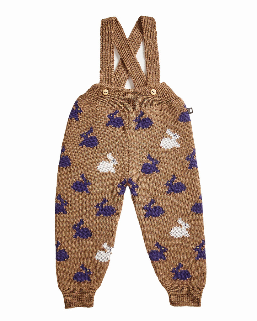 OEUF "Handle With Care" Suspender Knit Pants with Bunny Motif in Camel