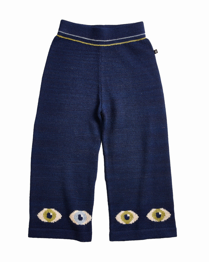 OEUF "Handle With Care" Intarsia Wide Leg Knit Eye Motif Pants in Indigo