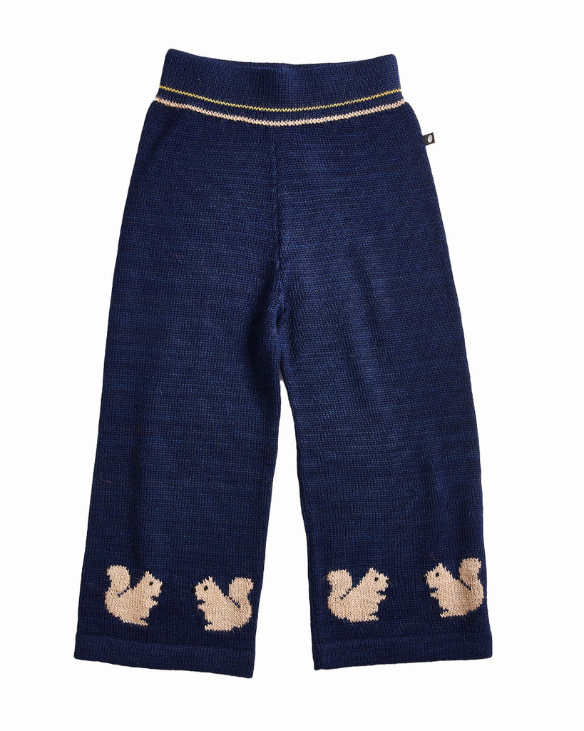 OEUF "Handle With Care" Intarsia Wide Leg Knit Squirrel Motif Pants in Indigo