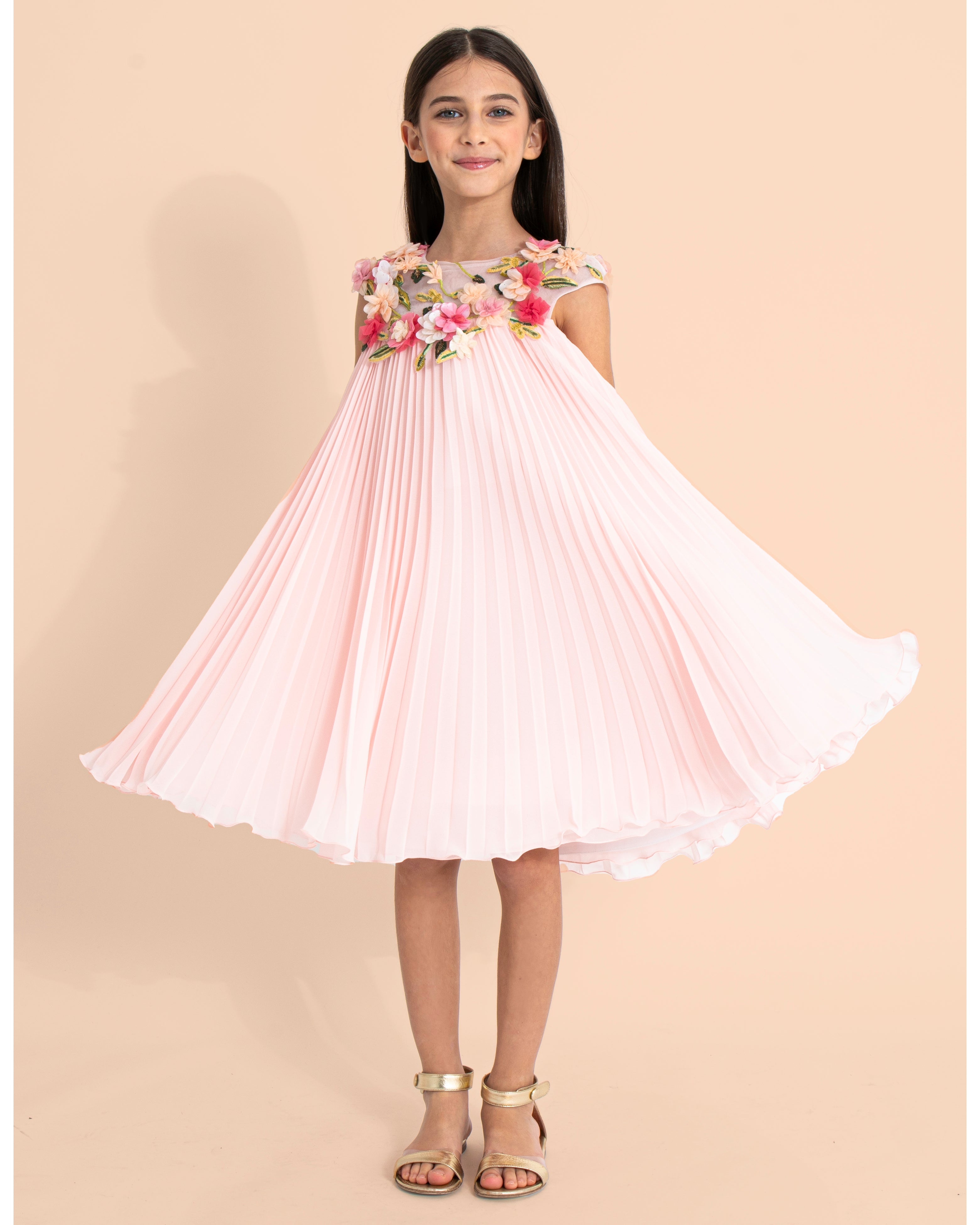 MARCHESA COUTURE Pink Pleated Flower Applique Gown Dress