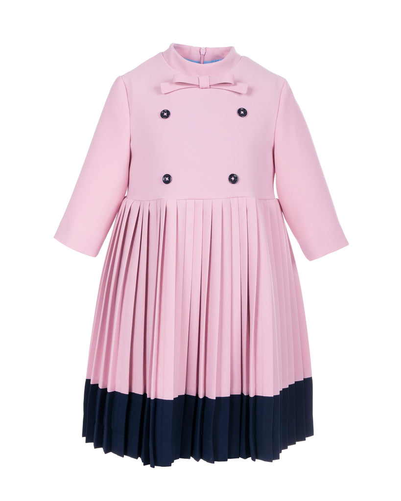 MiMiSol FW23 Dress with Pleated Skirt in Pink with Dark Blue Trim