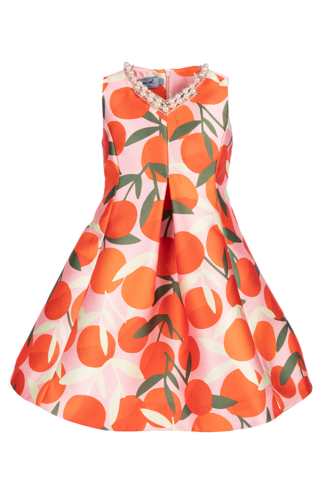 MiMiSol SS24 Tafetta Dress with Orange Print and Rhinestones