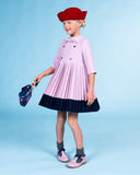 MiMiSol FW23 Dress with Pleated Skirt in Pink with Dark Blue Trim