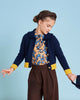 MIMISOL Fall Winter 2025 WOOL KNITTED CARDIGAN in DARK BLUE with YELLOW