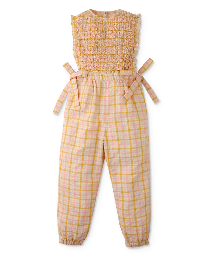 GINGERSNAPS SS24 Girls Smocked Plaid Side Ties Jumpsuit Overalls