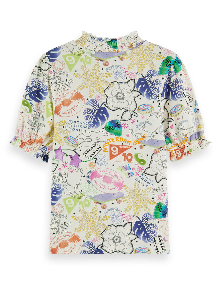 SCOTCH AND SODA FW23 Slim Fit Smocked Detail Floral Print T-shirt Top
