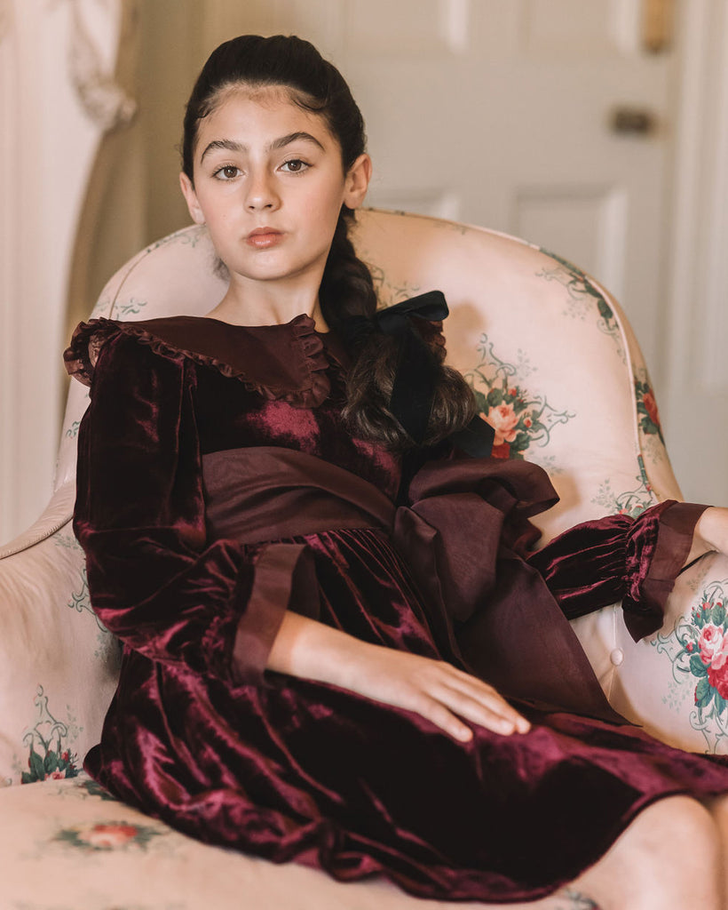 PETITE AMALIE "A Cinderella Story" Velvet Dress with Organza Collar in Bordeaux