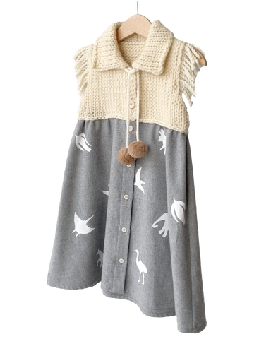 TAGO A-Line Dress with Knit Sleeves in Beige