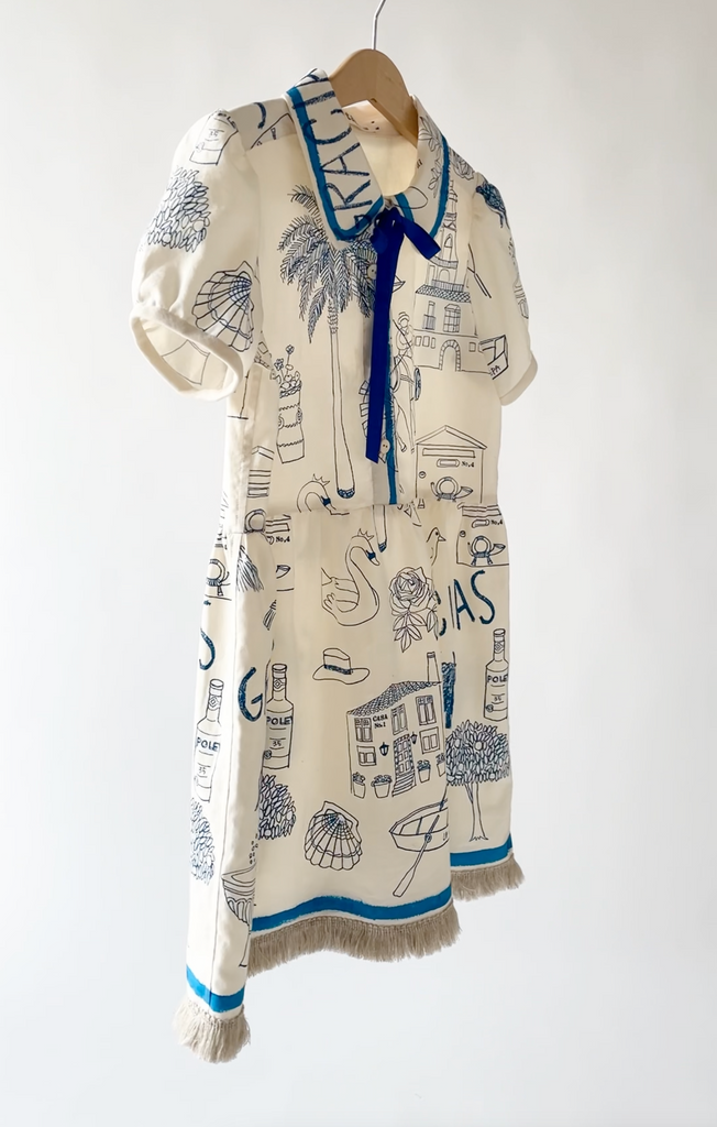 TAGO SS25 Short Sleeve Printed Dress in Ecru