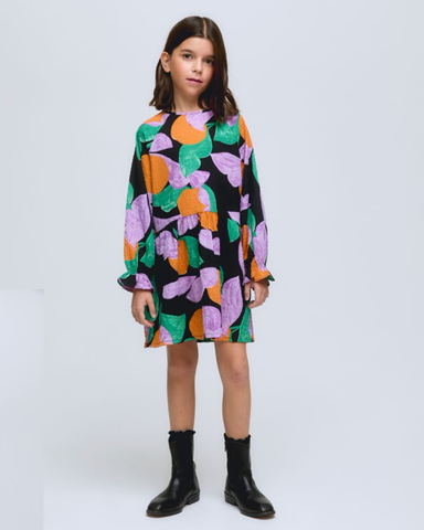 MiMiSol SS24 Tafetta Dress with Orange Print and Rhinestones