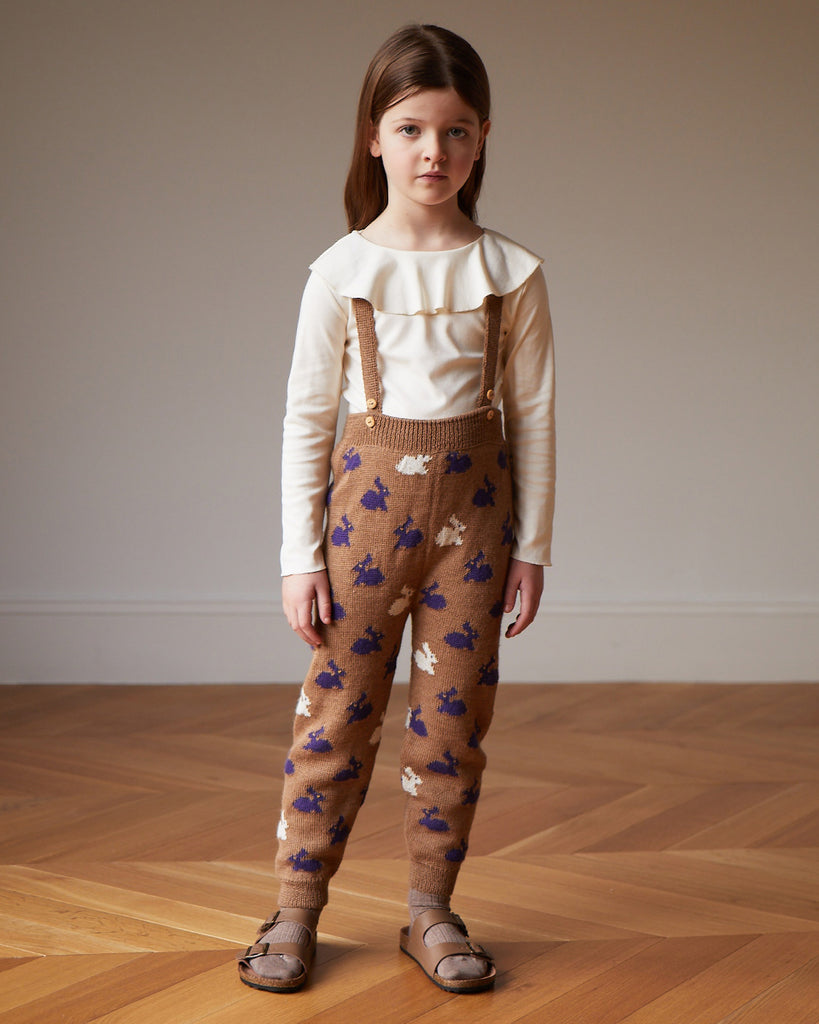 OEUF "Handle With Care" Suspender Knit Pants with Bunny Motif in Camel