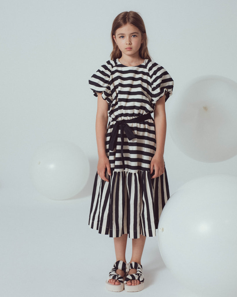 UNLABEL SS24 Zoey Puffy Sleeve Dress in Milk and Black Stripe